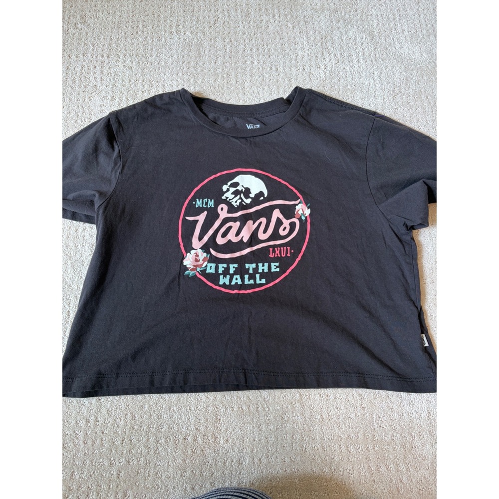 Vans Graphic Y2K T-Shirt Womens Medium Black Crop Skull Rose Skater Boxy Tee